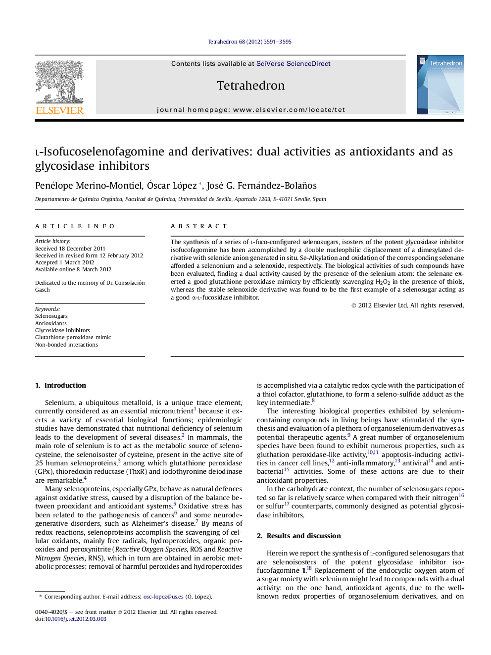 l-Isofucoselenofagomine and derivatives: dual activities as antioxidants and as glycosidase inhibitors