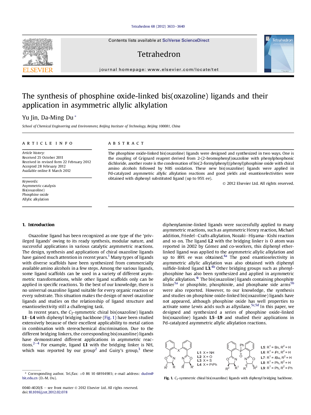 The synthesis of phosphine oxide-linked bis(oxazoline) ligands and their application in asymmetric allylic alkylation