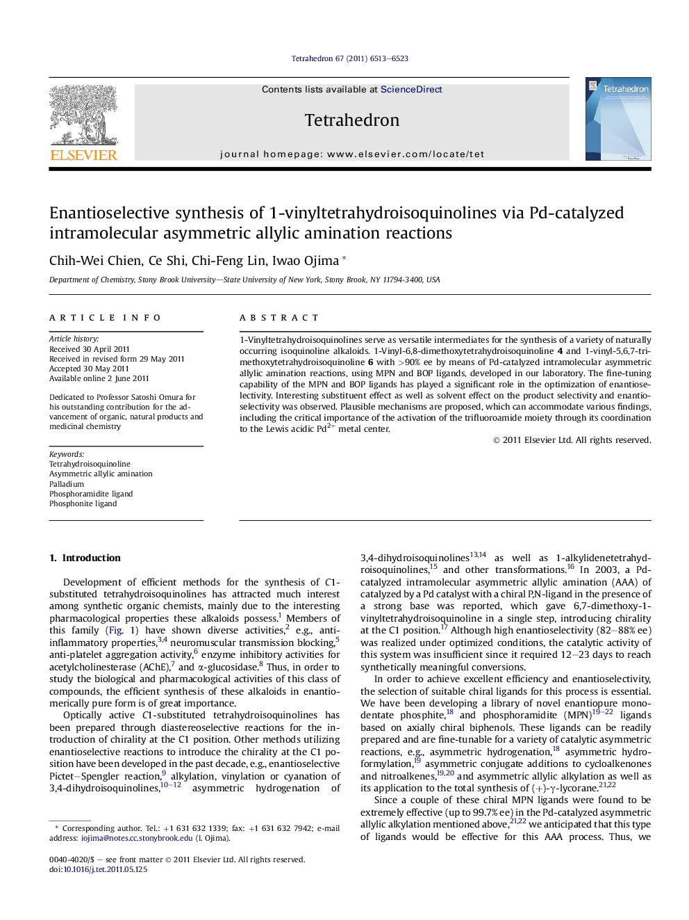 Enantioselective synthesis of 1-vinyltetrahydroisoquinolines via Pd-catalyzed intramolecular asymmetric allylic amination reactions