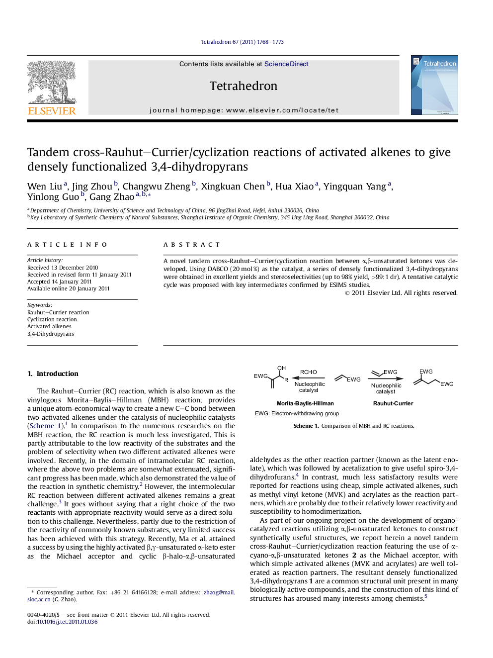 Tandem cross-Rauhut-Currier/cyclization reactions of activated alkenes to give densely functionalized 3,4-dihydropyrans