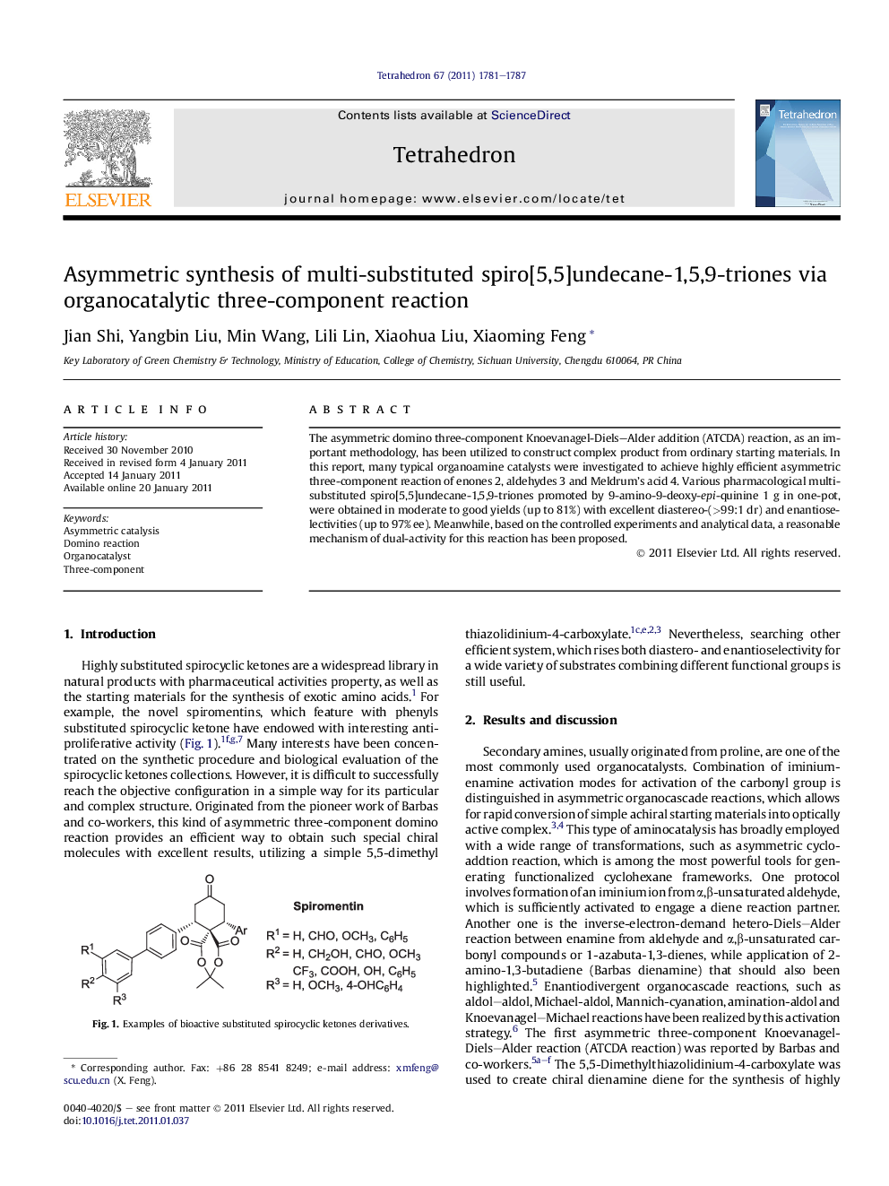 Asymmetric synthesis of multi-substituted spiro[5,5]undecane-1,5,9-triones via organocatalytic three-component reaction