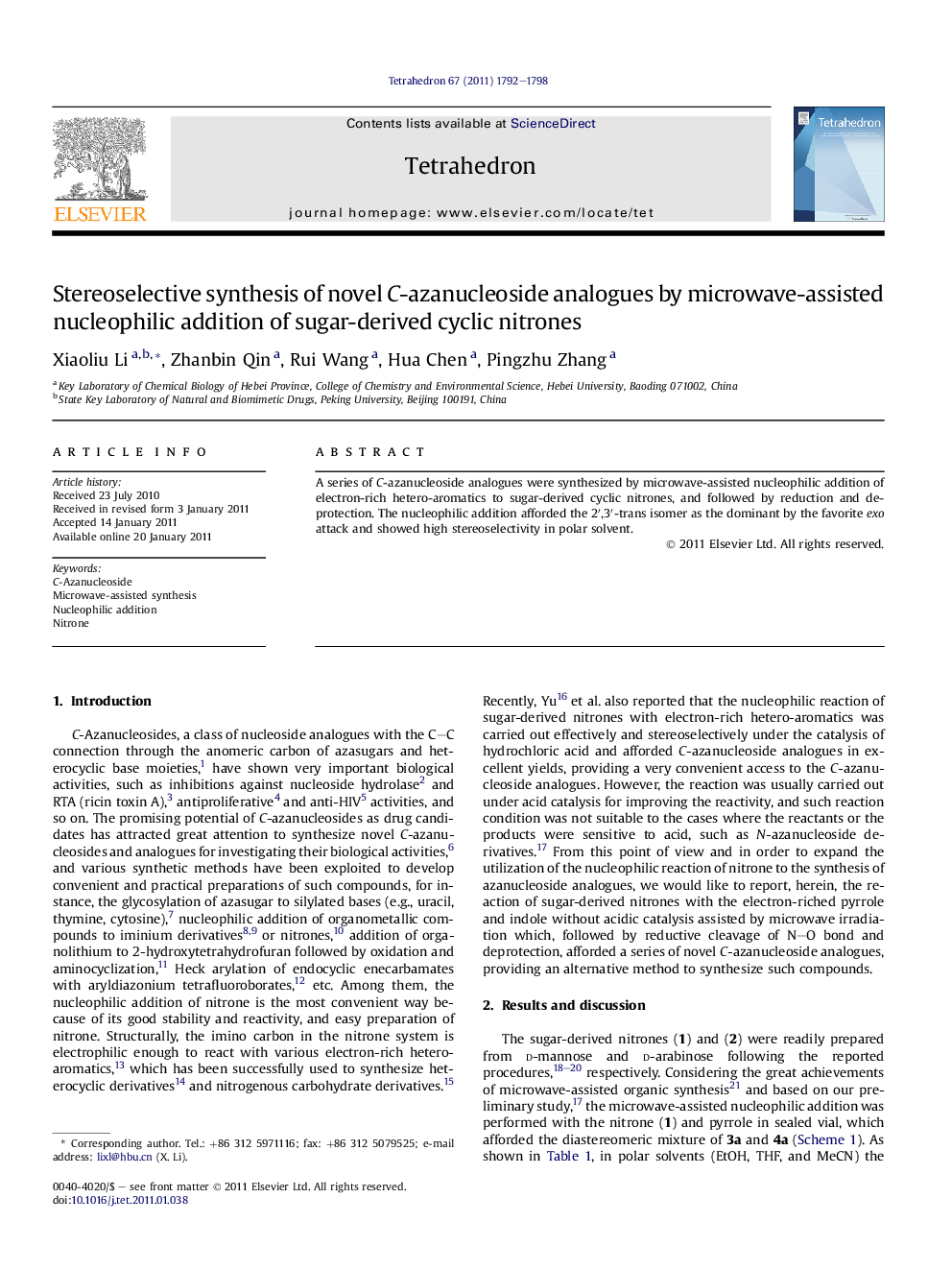 Stereoselective synthesis of novel C-azanucleoside analogues by microwave-assisted nucleophilic addition of sugar-derived cyclic nitrones