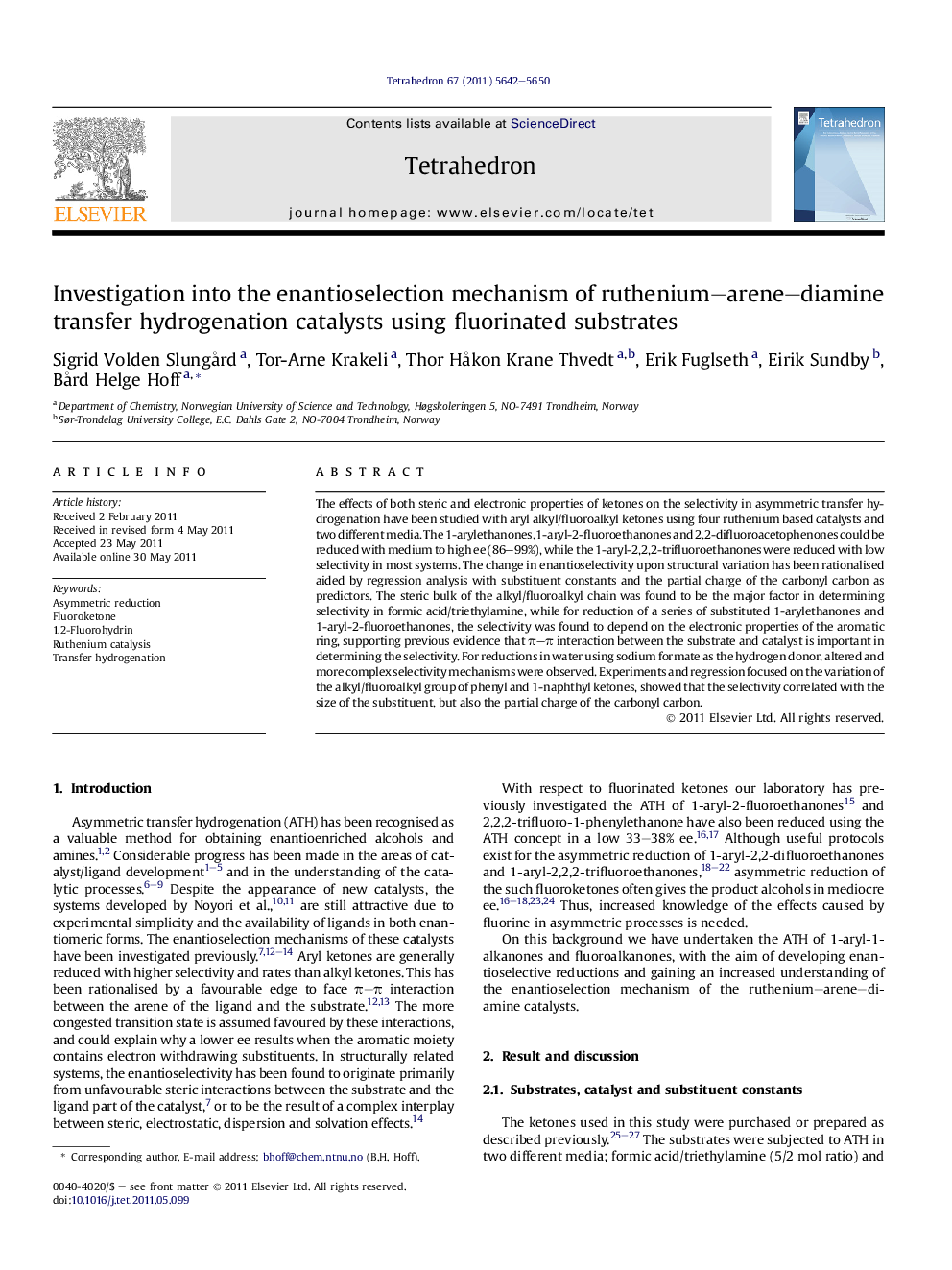 Investigation into the enantioselection mechanism of ruthenium-arene-diamine transfer hydrogenation catalysts using fluorinated substrates