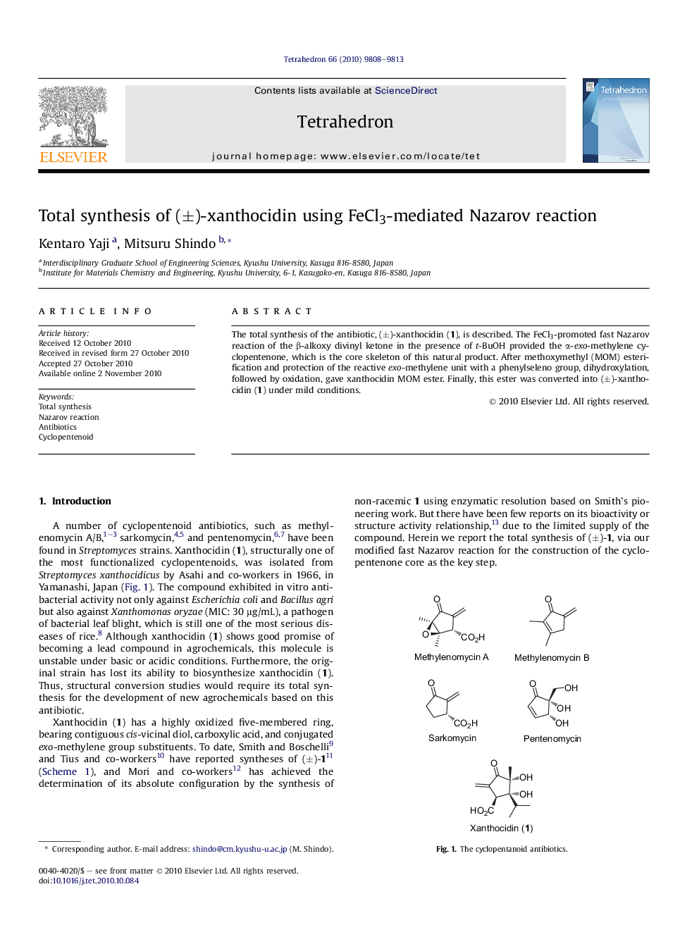 Total synthesis of (Â±)-xanthocidin using FeCl3-mediated Nazarov reaction