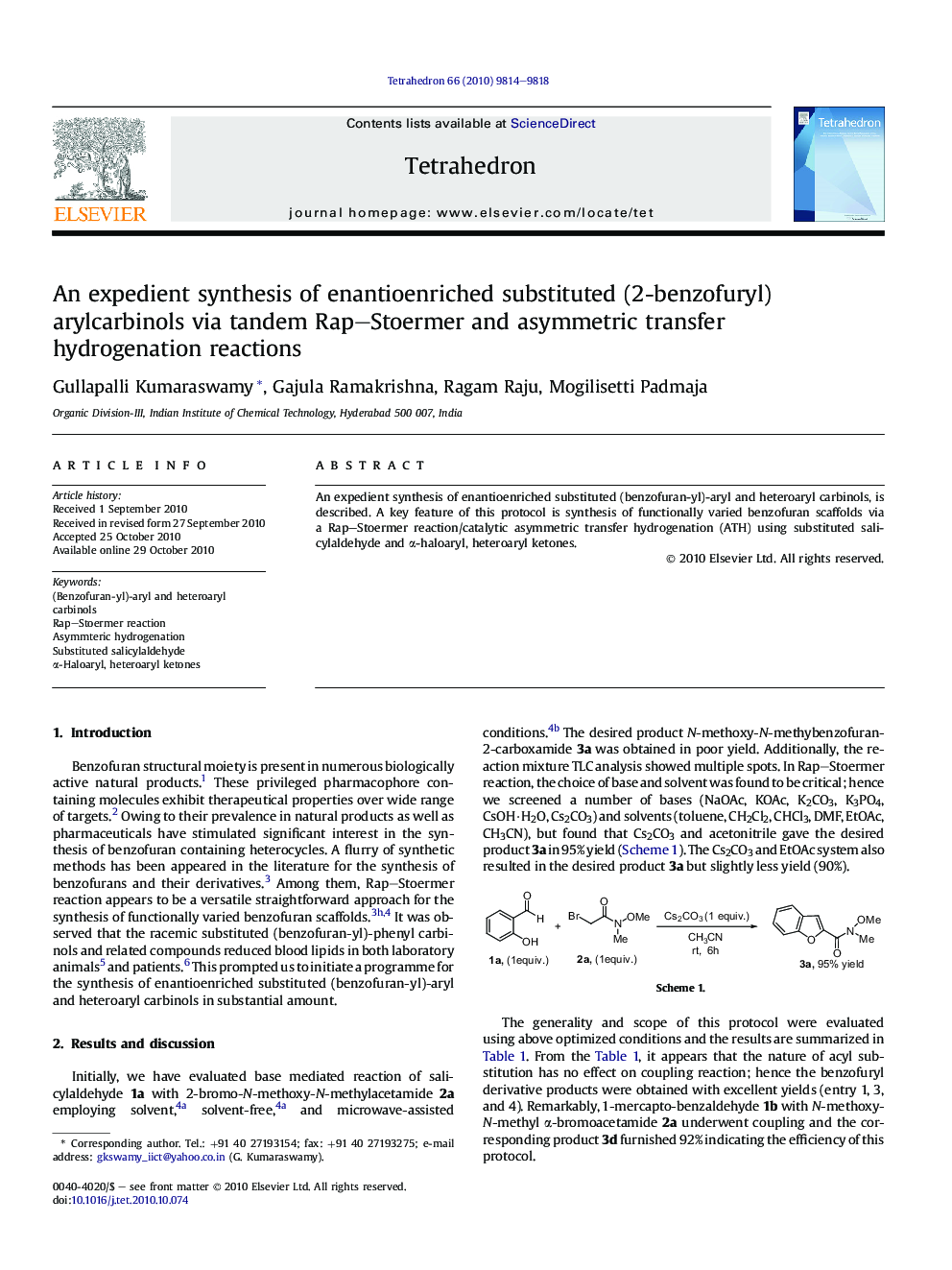 An expedient synthesis of enantioenriched substituted (2-benzofuryl)arylcarbinols via tandem Rap-Stoermer and asymmetric transfer hydrogenation reactions