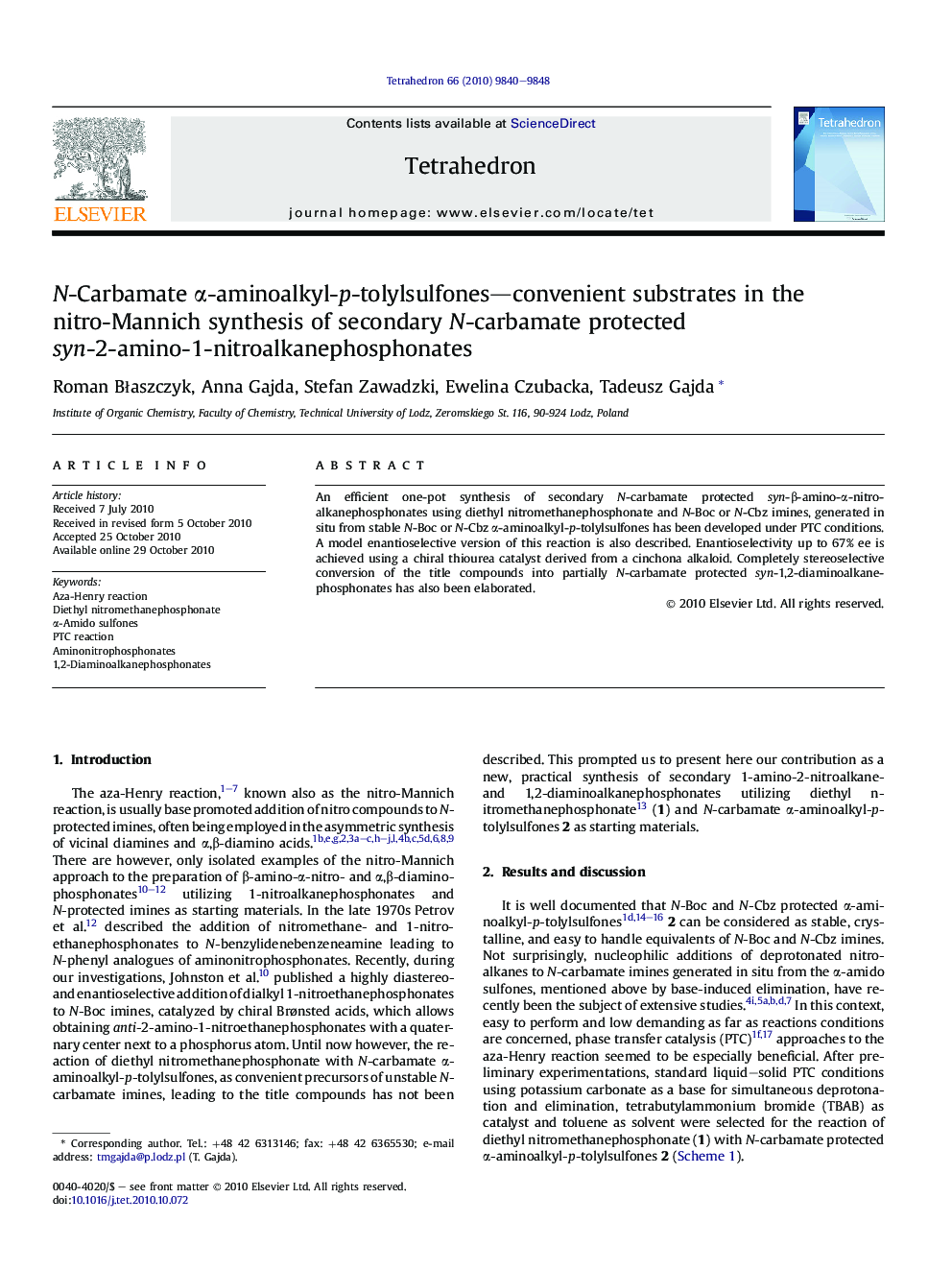 N-Carbamate α-aminoalkyl-p-tolylsulfones—convenient substrates in the nitro-Mannich synthesis of secondary N-carbamate protected syn-2-amino-1-nitroalkanephosphonates