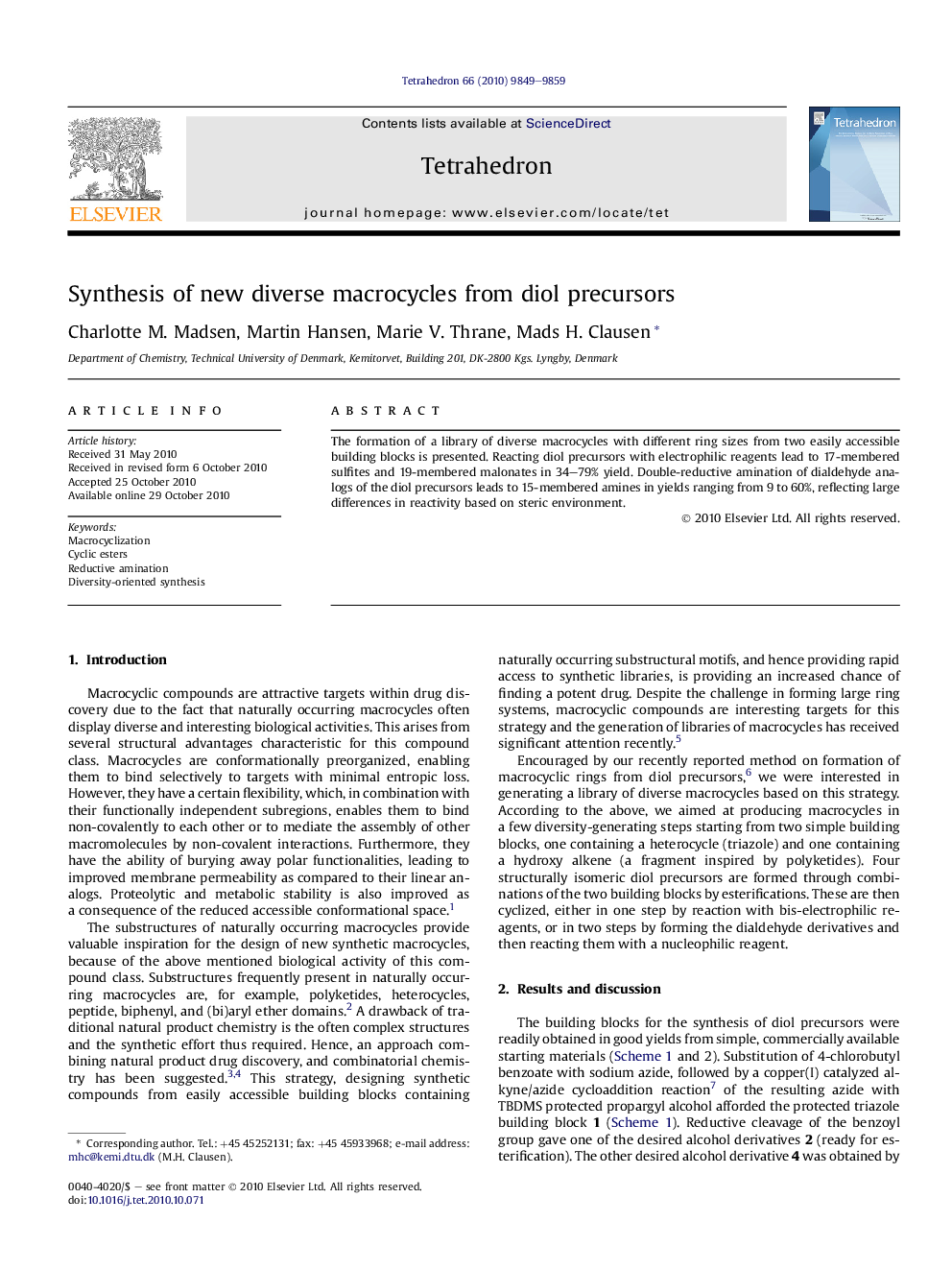 Synthesis of new diverse macrocycles from diol precursors