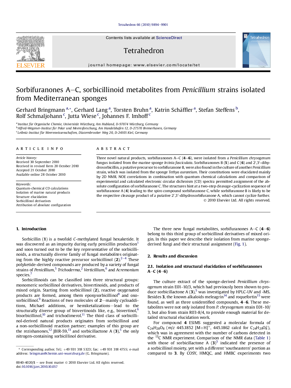 Sorbifuranones A–C, sorbicillinoid metabolites from Penicillium strains isolated from Mediterranean sponges