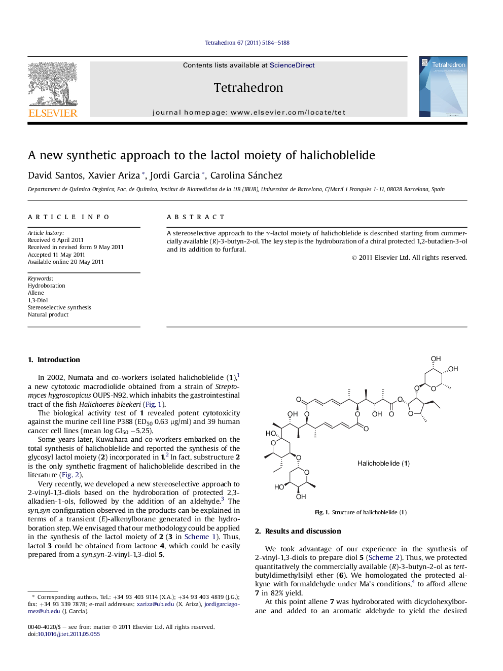 A new synthetic approach to the lactol moiety of halichoblelide