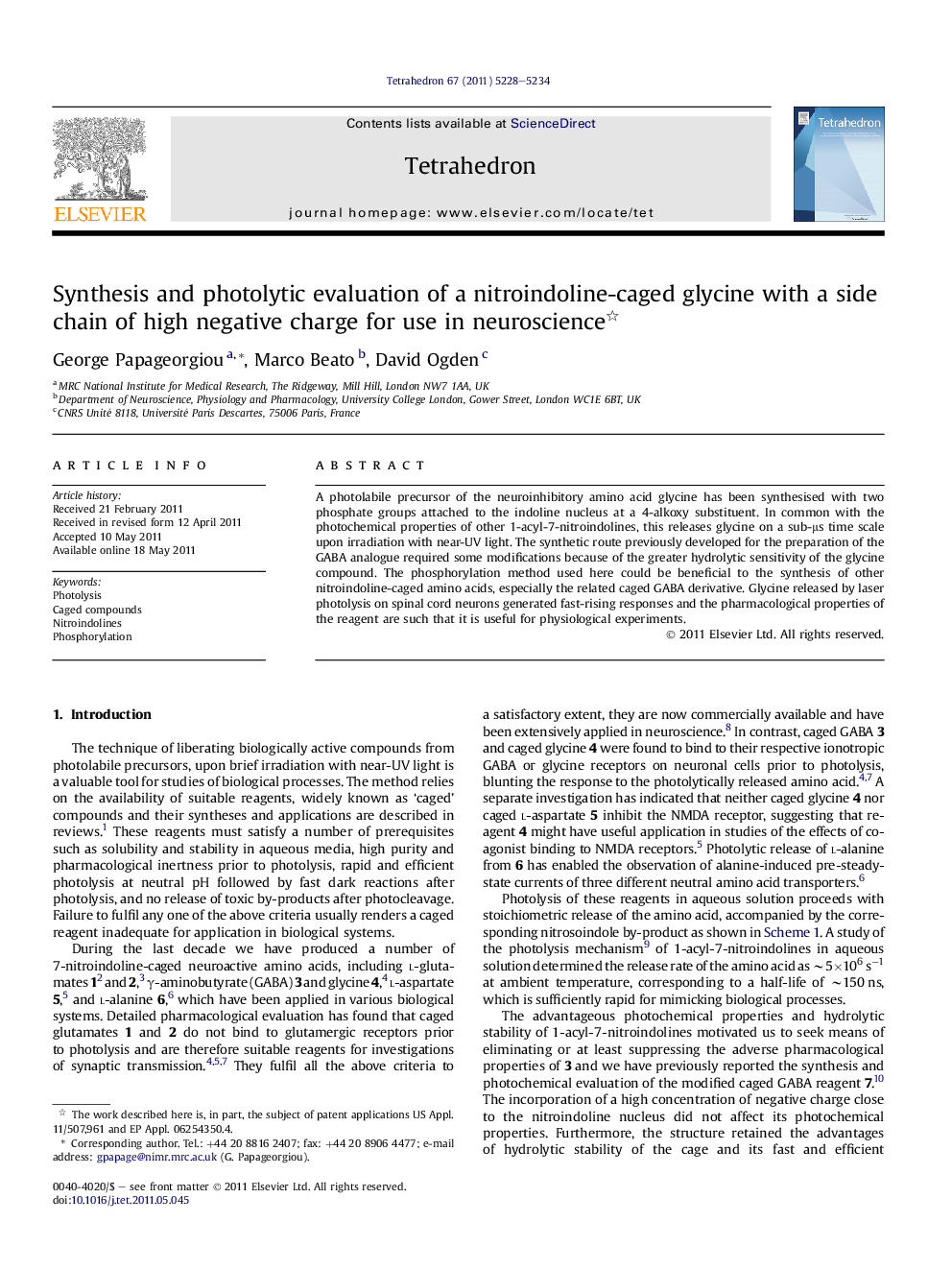 عکس صفحه اول مقاله: Synthesis and photolytic evaluation of a nitroindoline-caged glycine with a side chain of high negative charge for use in neuroscience Synthesis and photolytic evaluation of a nitroindoline-caged glycine with a side chain of high negative charge for use in neuroscience