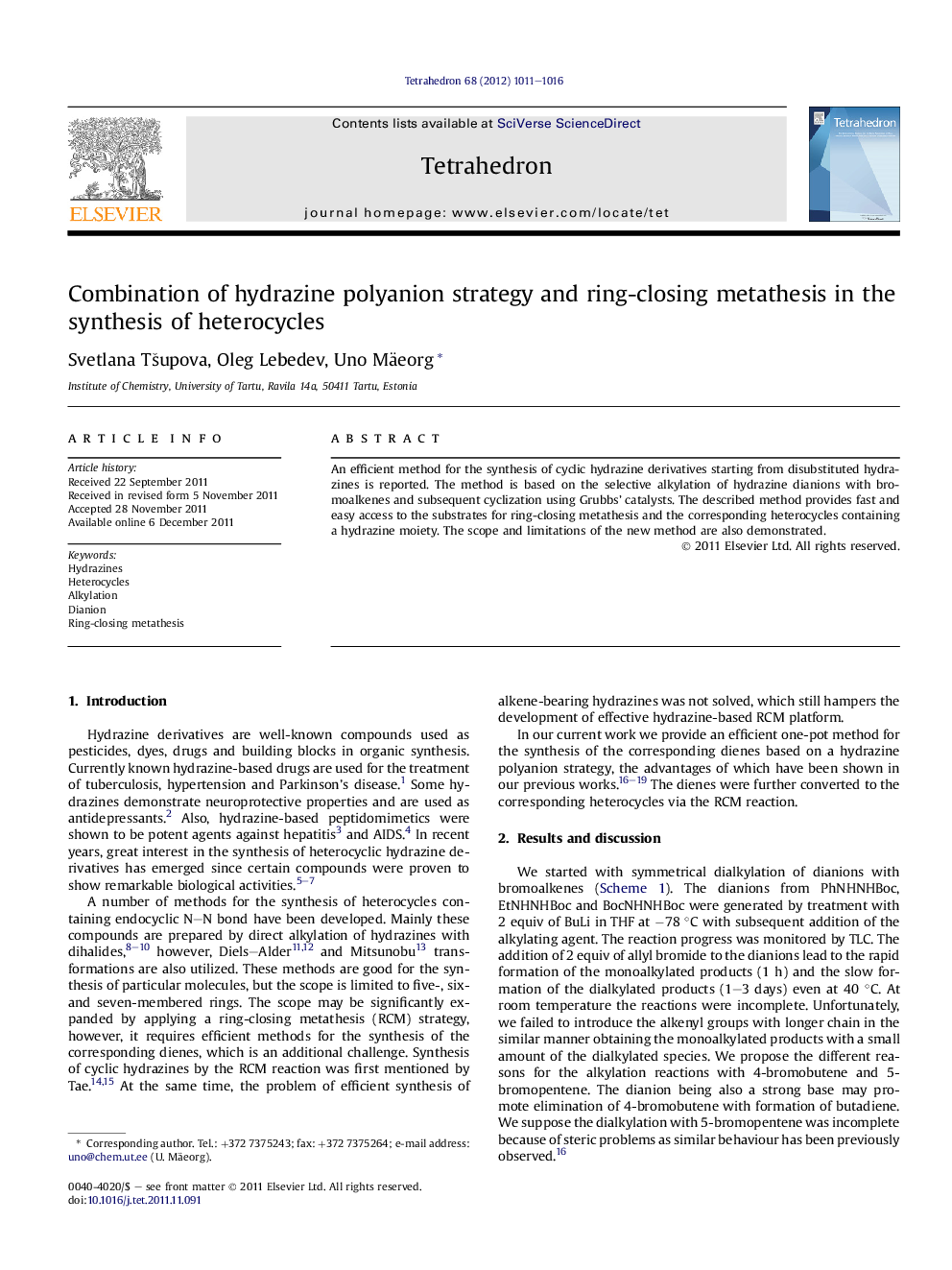 Combination of hydrazine polyanion strategy and ring-closing metathesis in the synthesis of heterocycles