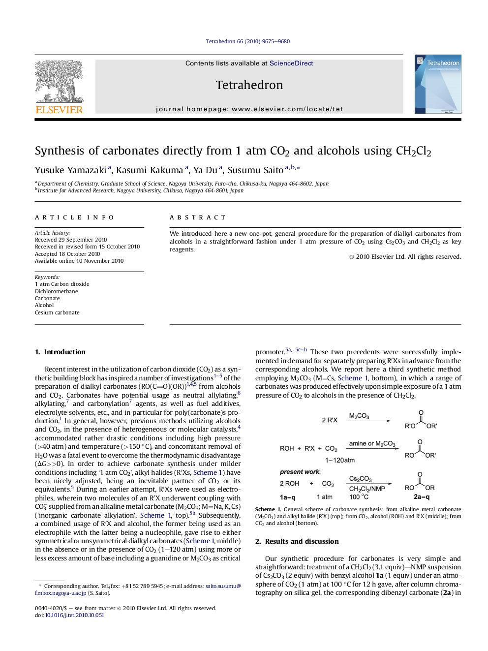 Synthesis of carbonates directly from 1 atm CO2 and alcohols using CH2Cl2