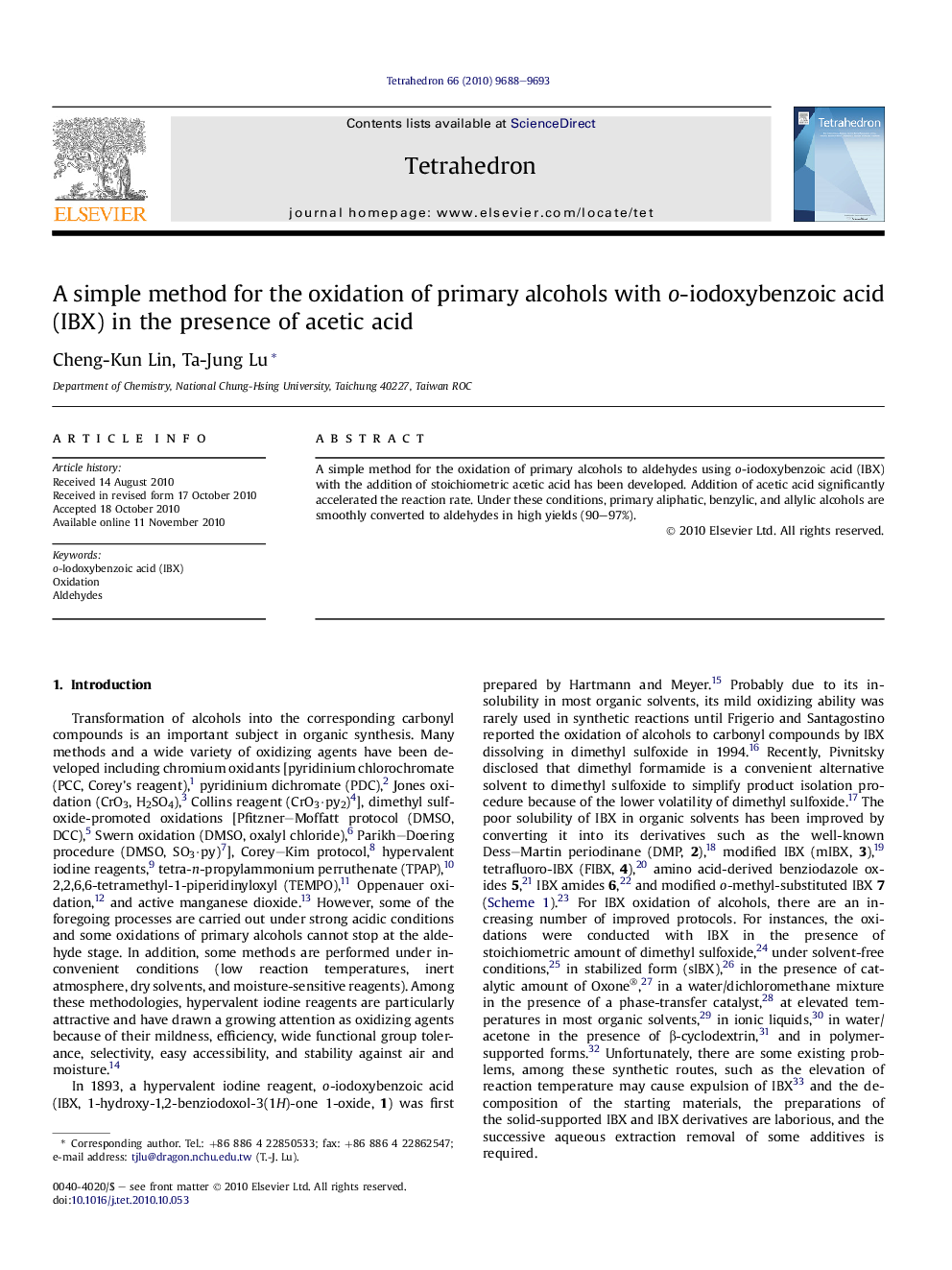 A simple method for the oxidation of primary alcohols with o-iodoxybenzoic acid (IBX) in the presence of acetic acid