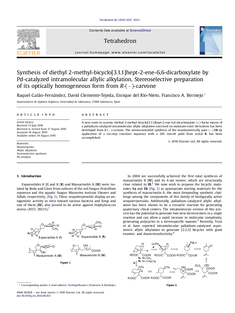 Synthesis of diethyl 2-methyl-bicyclo[3.1.1]hept-2-ene-6,6-dicarboxylate by Pd-catalyzed intramolecular allylic alkylation. Stereoselective preparation of its optically homogeneous form from R-(−)-carvone