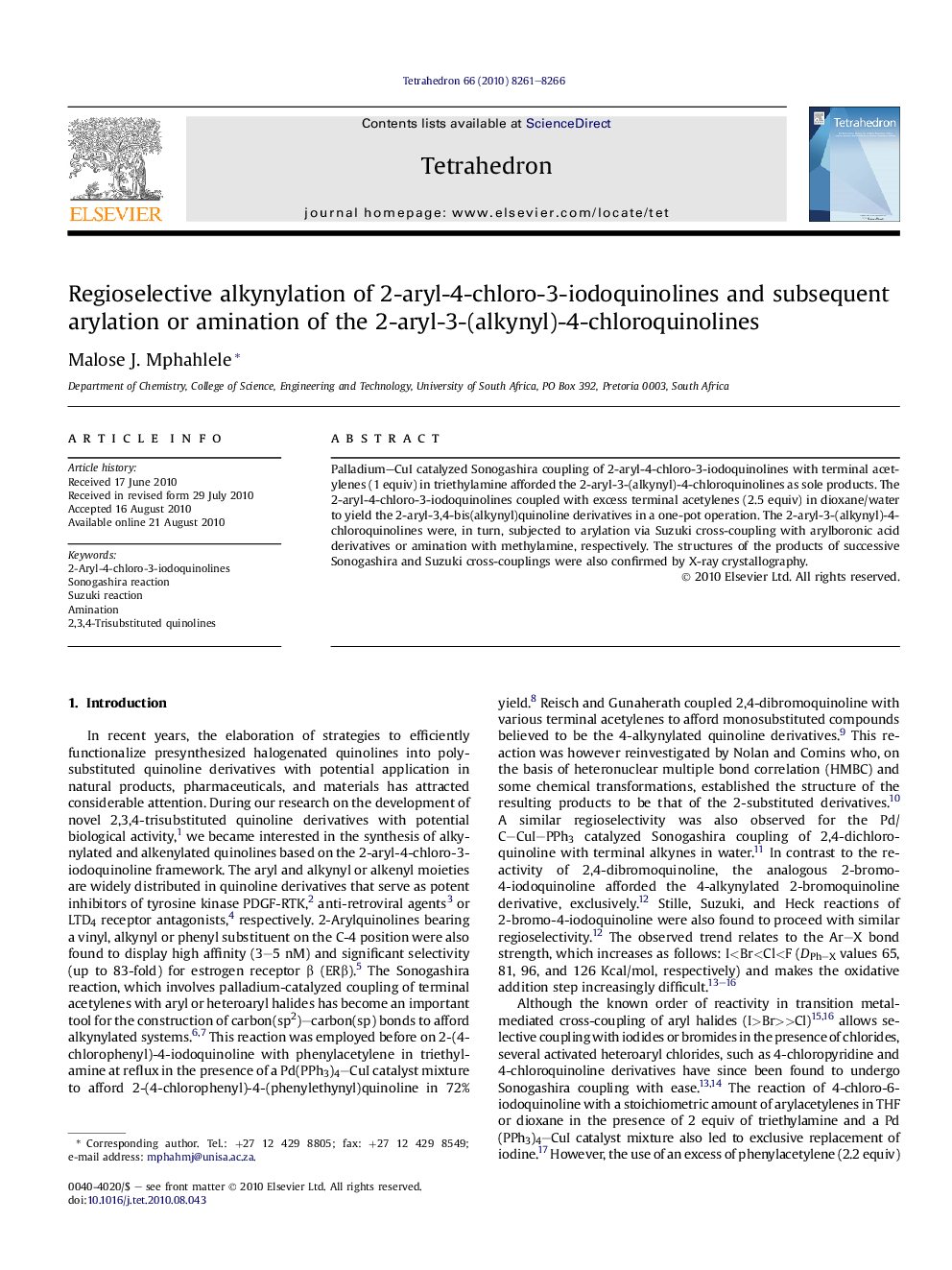 Regioselective alkynylation of 2-aryl-4-chloro-3-iodoquinolines and subsequent arylation or amination of the 2-aryl-3-(alkynyl)-4-chloroquinolines