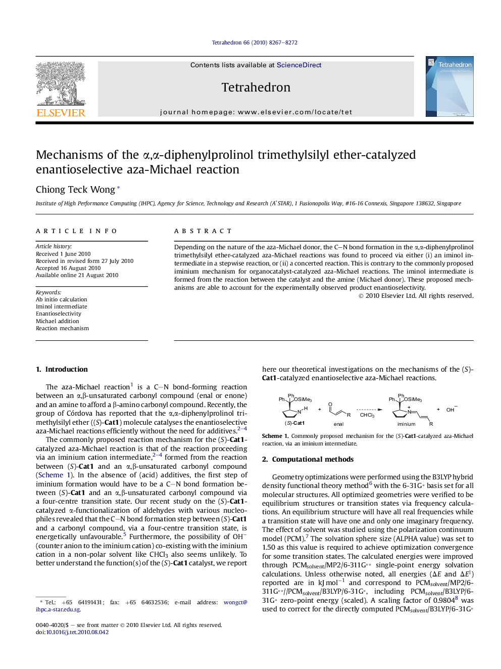 Mechanisms of the Î±,Î±-diphenylprolinol trimethylsilyl ether-catalyzed enantioselective aza-Michael reaction