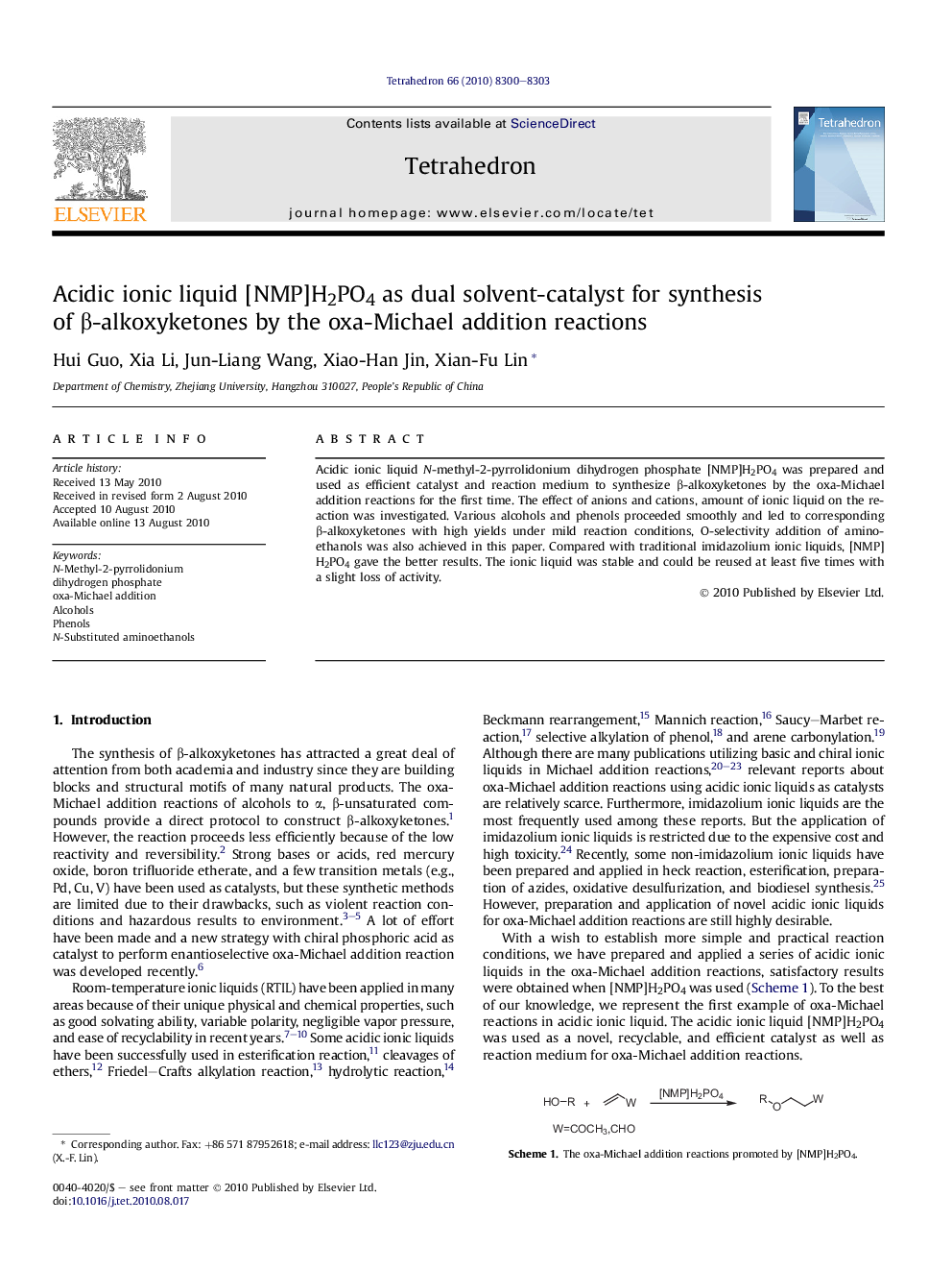 Acidic ionic liquid [NMP]H2PO4 as dual solvent-catalyst for synthesis of β-alkoxyketones by the oxa-Michael addition reactions