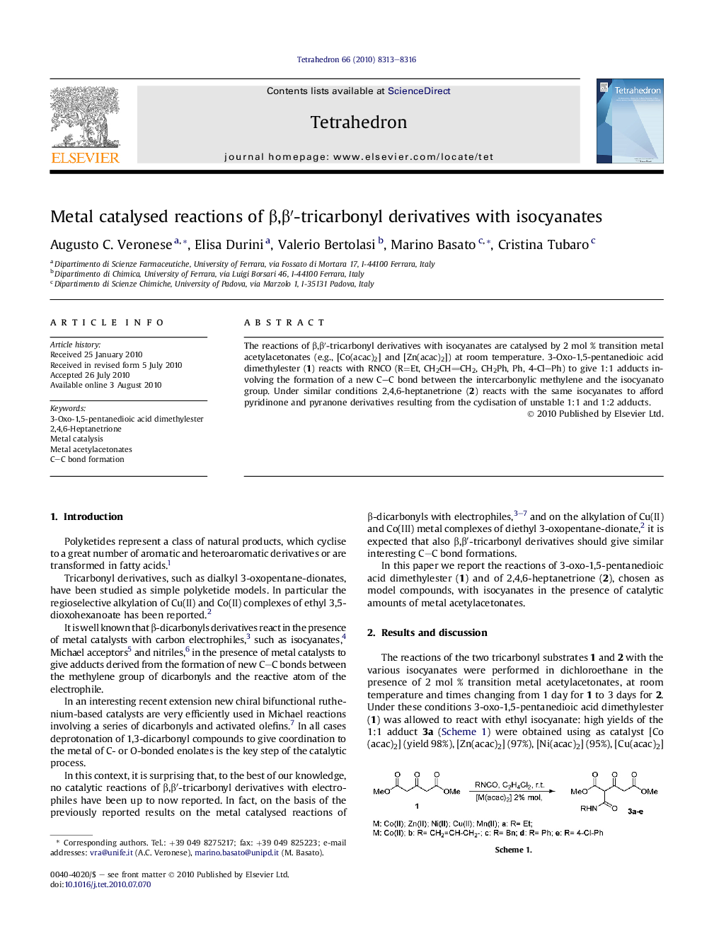 عکس صفحه اول مقاله: Metal catalysed reactions of β,β′-tricarbonyl derivatives with isocyanates Metal catalysed reactions of β,β′-tricarbonyl derivatives with isocyanates