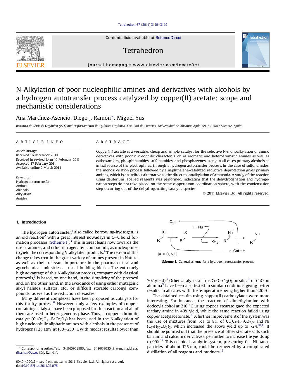 N-Alkylation of poor nucleophilic amines and derivatives with alcohols by a hydrogen autotransfer process catalyzed by copper(II) acetate: scope and mechanistic considerations