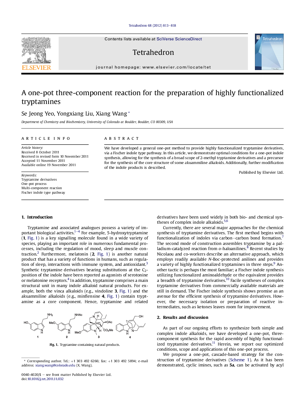 A one-pot three-component reaction for the preparation of highly functionalized tryptamines