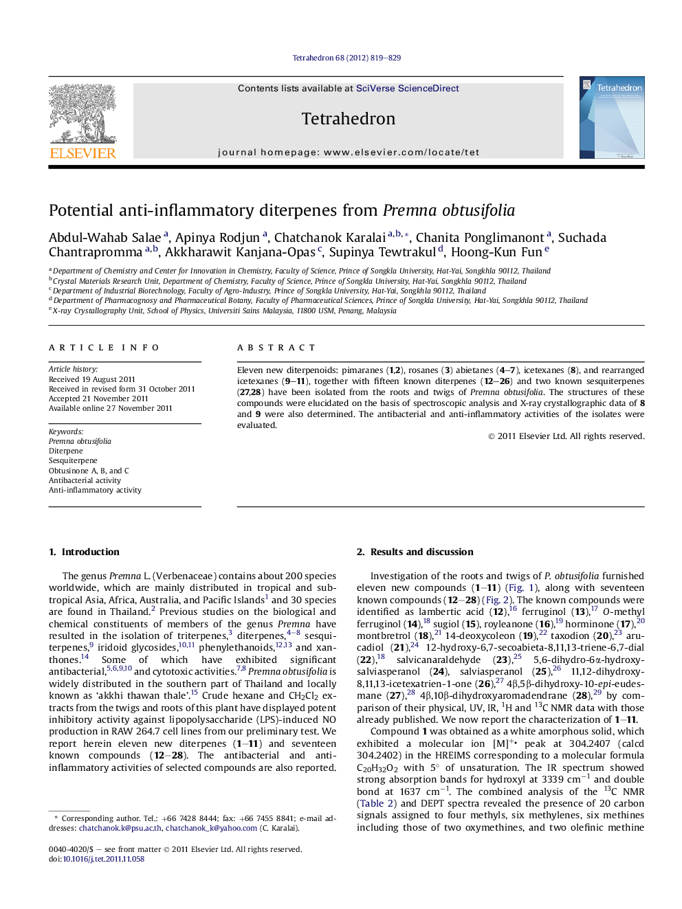 Potential anti-inflammatory diterpenes from Premna obtusifolia