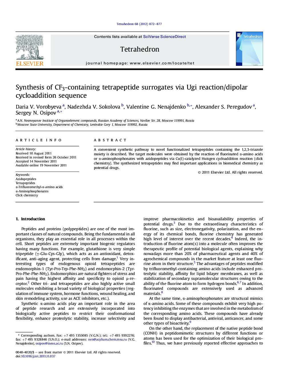 Synthesis of CF3-containing tetrapeptide surrogates via Ugi reaction/dipolar cycloaddition sequence