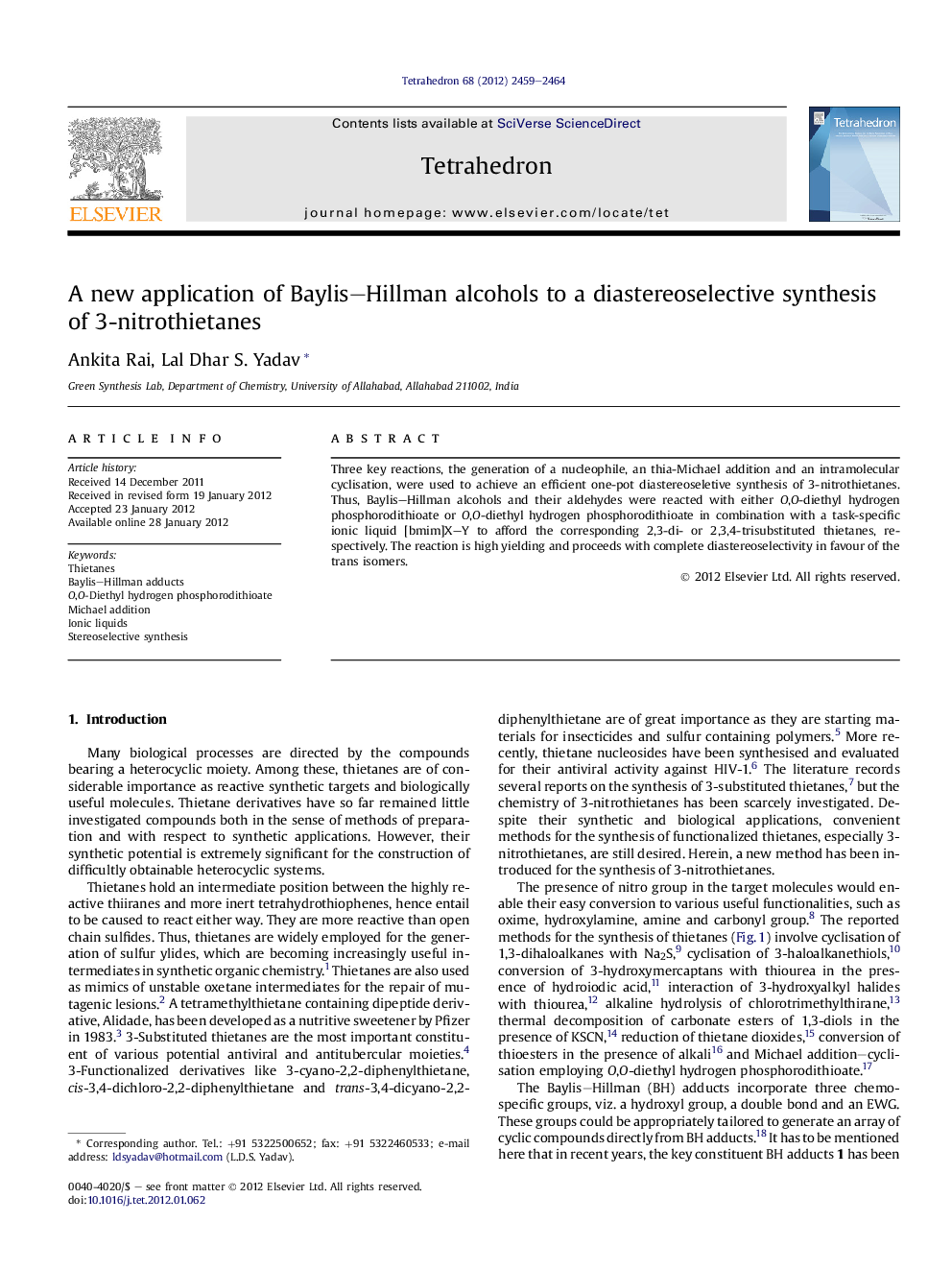 A new application of Baylis-Hillman alcohols to a diastereoselective synthesis of 3-nitrothietanes