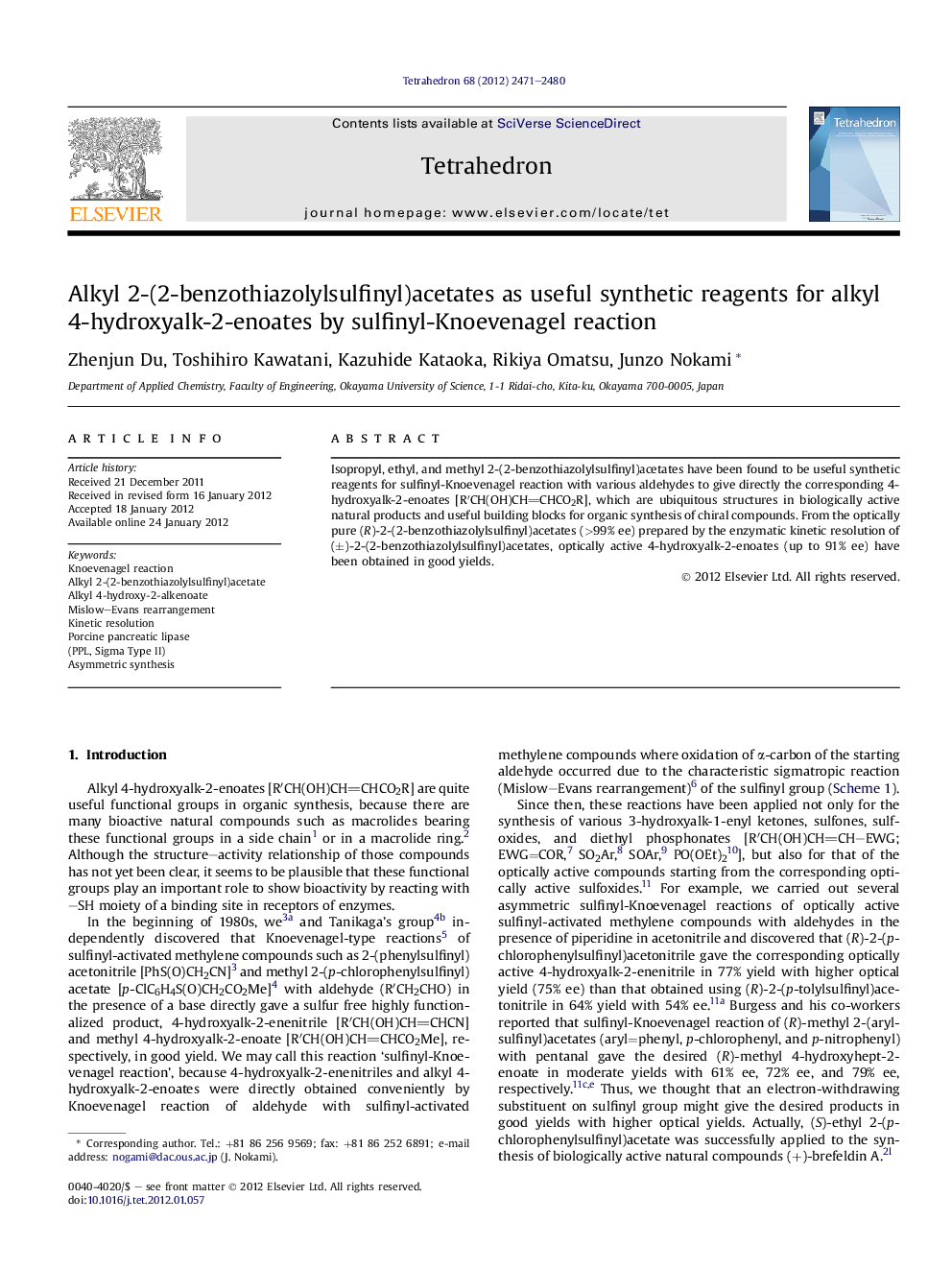 Alkyl 2-(2-benzothiazolylsulfinyl)acetates as useful synthetic reagents for alkyl 4-hydroxyalk-2-enoates by sulfinyl-Knoevenagel reaction