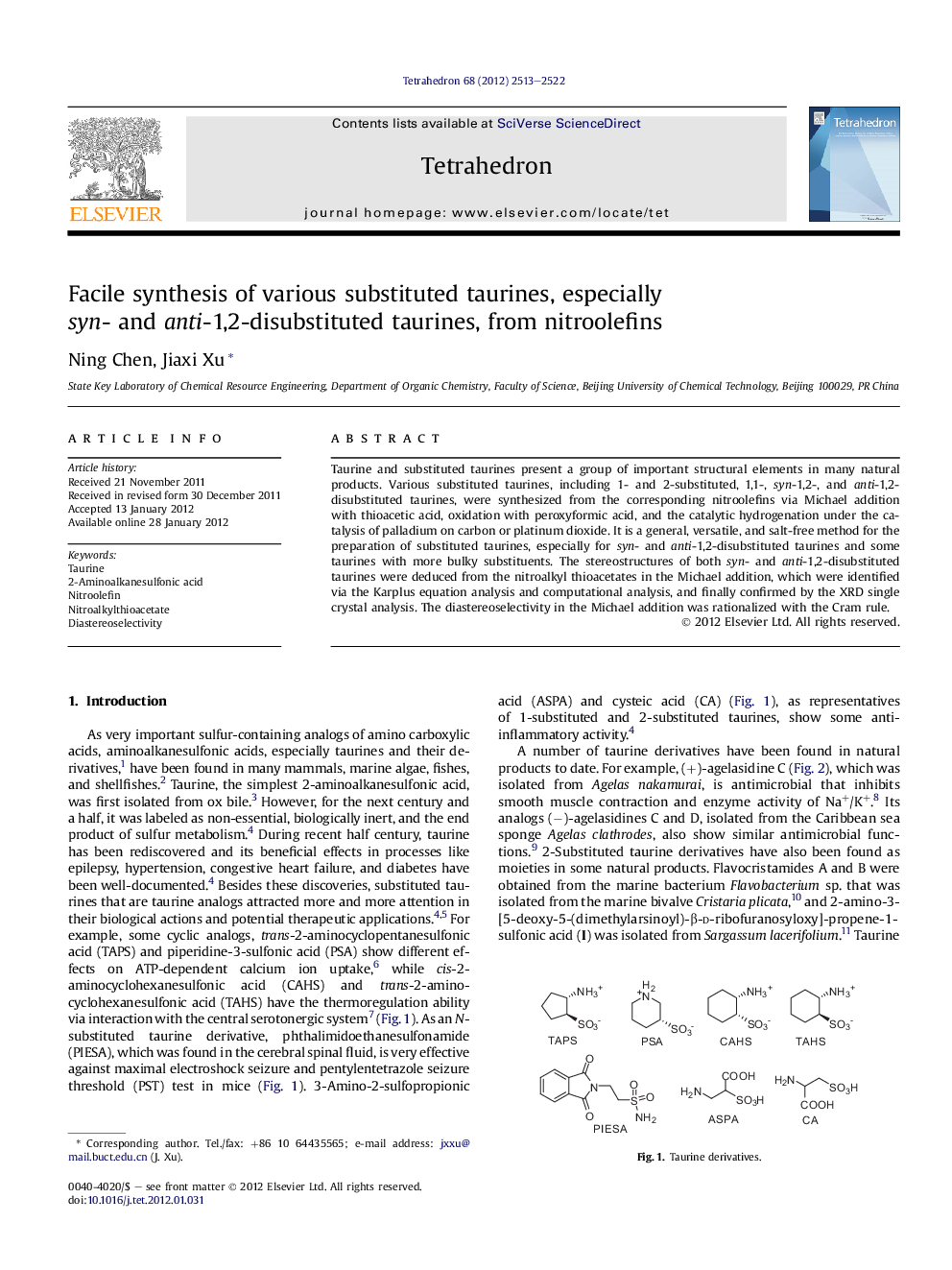 Facile synthesis of various substituted taurines, especially syn- and anti-1,2-disubstituted taurines, from nitroolefins