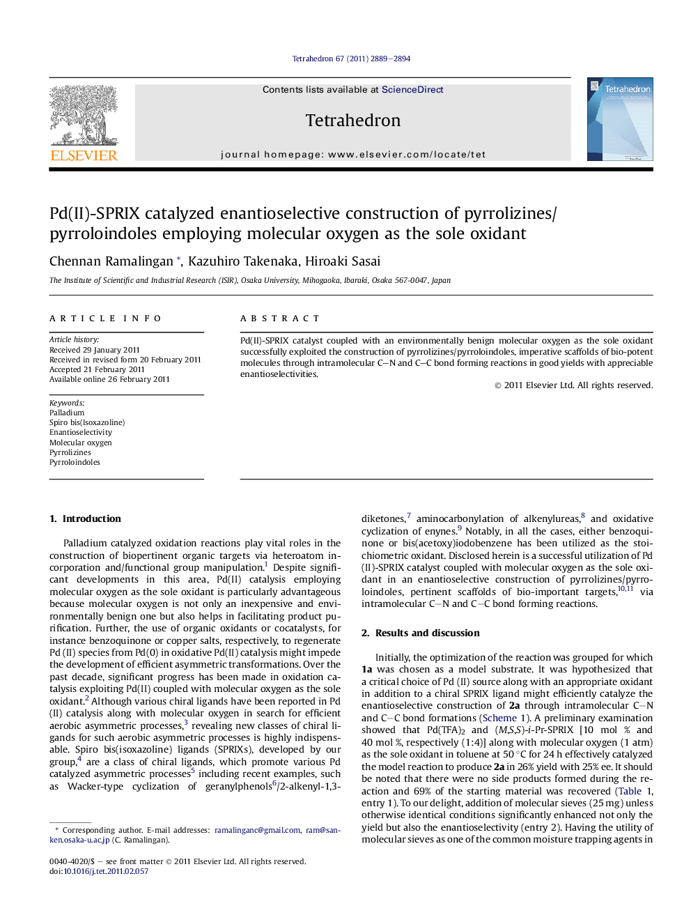 عکس صفحه اول مقاله: Pd(II)-SPRIX catalyzed enantioselective construction of pyrrolizines/pyrroloindoles employing molecular oxygen as the sole oxidant Pd(II)-SPRIX catalyzed enantioselective construction of pyrrolizines/pyrroloindoles employing molecular oxygen as the sole oxidant