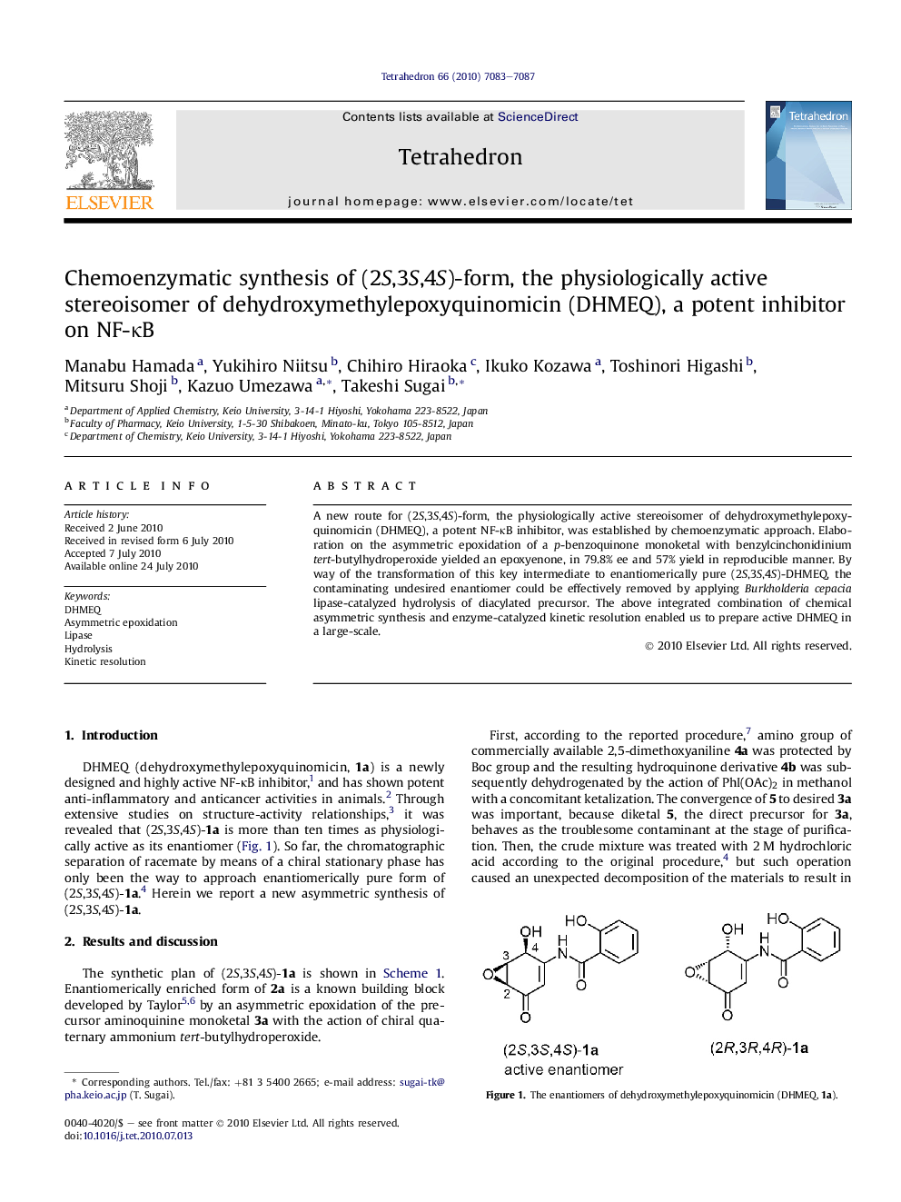 Chemoenzymatic synthesis of (2S,3S,4S)-form, the physiologically active stereoisomer of dehydroxymethylepoxyquinomicin (DHMEQ), a potent inhibitor on NF-ÎºB