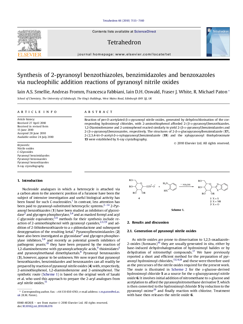 Synthesis of 2-pyranosyl benzothiazoles, benzimidazoles and benzoxazoles via nucleophilic addition reactions of pyranosyl nitrile oxides