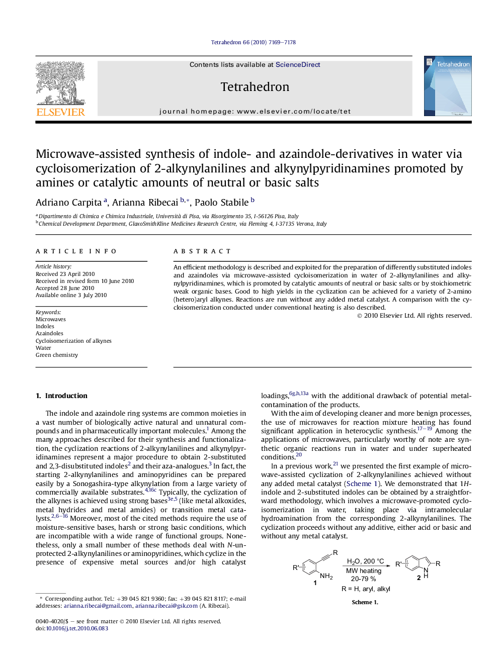 Microwave-assisted synthesis of indole- and azaindole-derivatives in water via cycloisomerization of 2-alkynylanilines and alkynylpyridinamines promoted by amines or catalytic amounts of neutral or basic salts