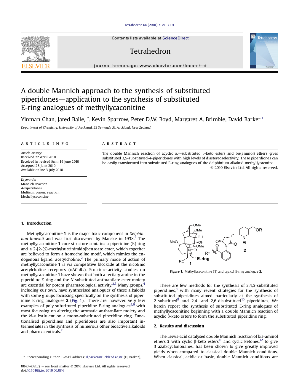 A double Mannich approach to the synthesis of substituted piperidones—application to the synthesis of substituted E-ring analogues of methyllycaconitine