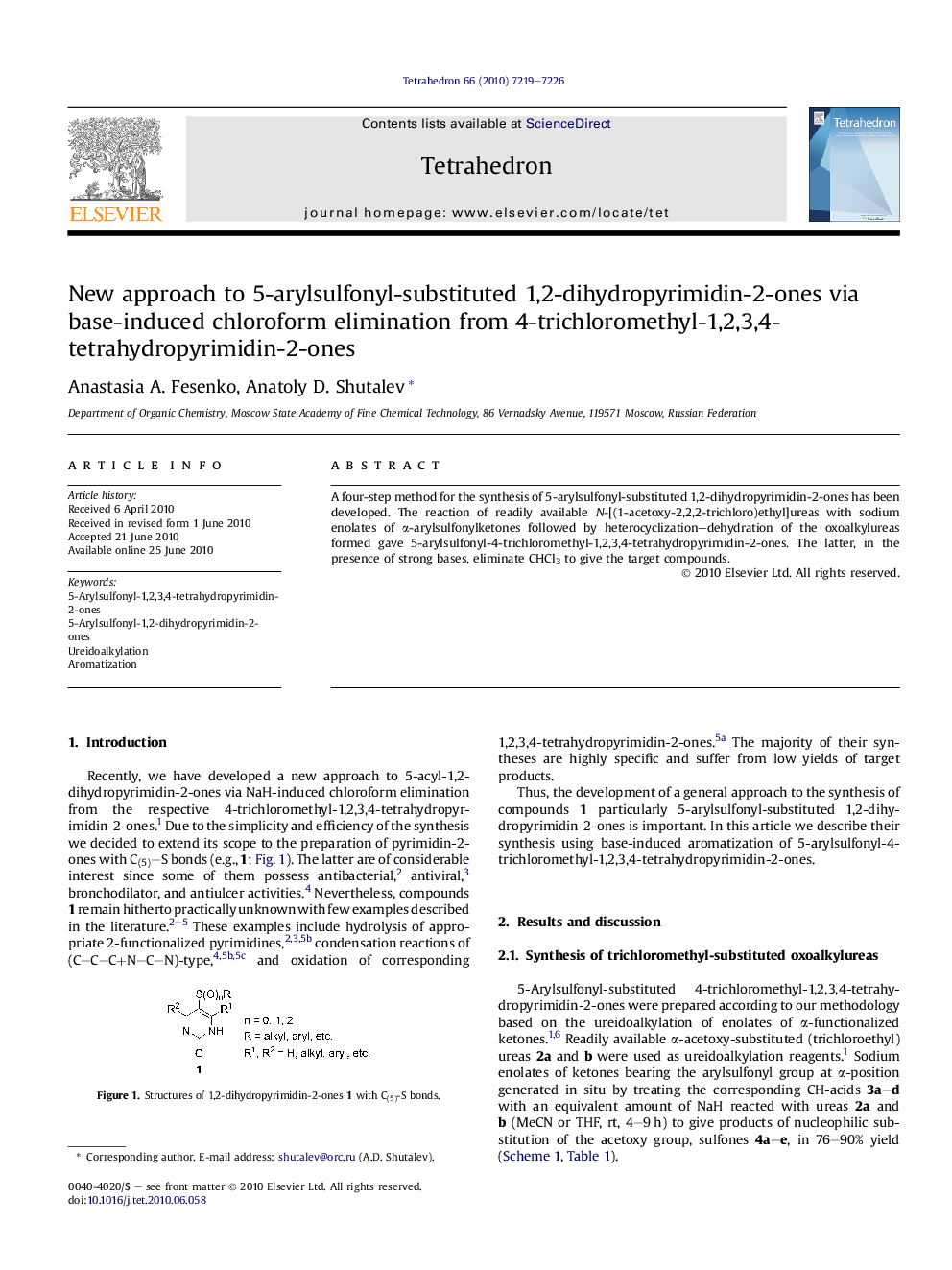 New approach to 5-arylsulfonyl-substituted 1,2-dihydropyrimidin-2-ones via base-induced chloroform elimination from 4-trichloromethyl-1,2,3,4-tetrahydropyrimidin-2-ones