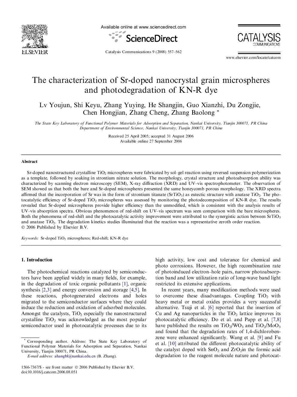 The characterization of Sr-doped nanocrystal grain microspheres and photodegradation of KN-R dye