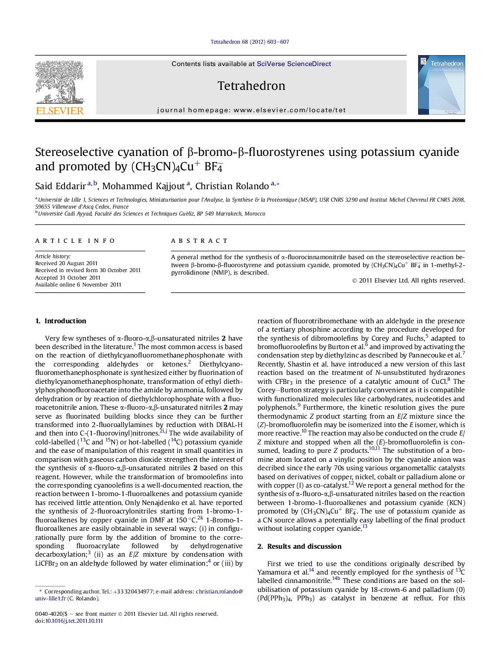 Stereoselective cyanation of β-bromo-β-fluorostyrenes using potassium cyanide and promoted by (CH3CN)4Cu+ BF4−