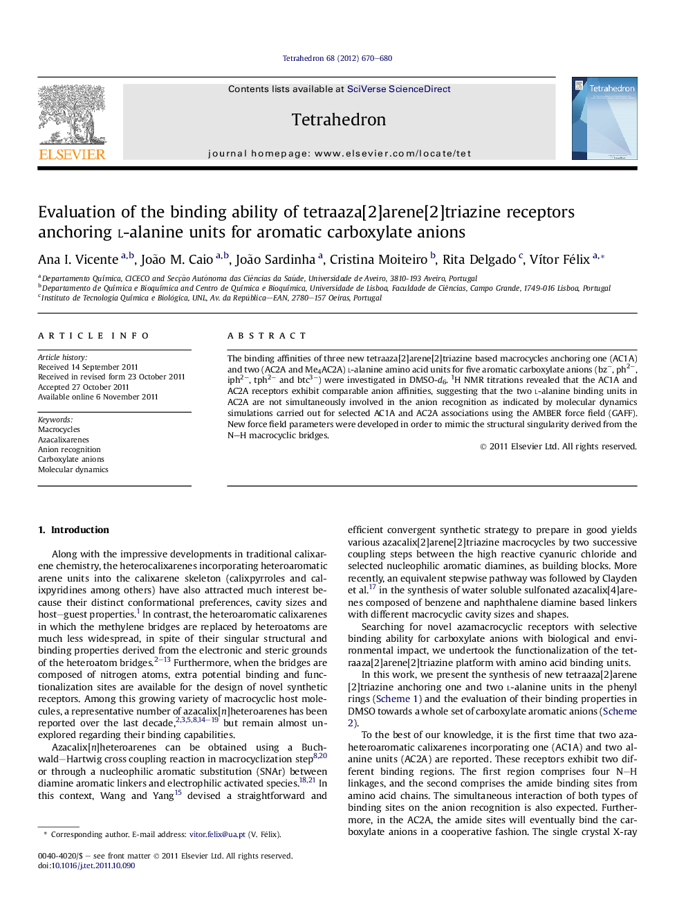 Evaluation of the binding ability of tetraaza[2]arene[2]triazine receptors anchoring l-alanine units for aromatic carboxylate anions