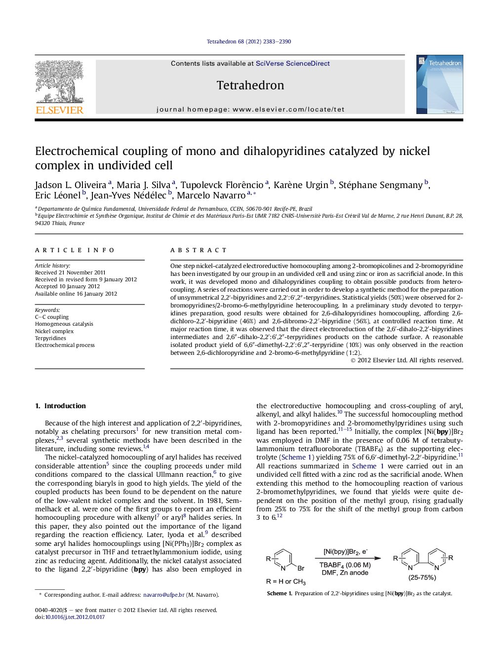 Electrochemical coupling of mono and dihalopyridines catalyzed by nickel complex in undivided cell