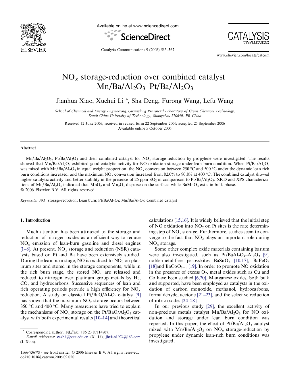 NOx storage-reduction over combined catalyst Mn/Ba/Al2O3–Pt/Ba/Al2O3