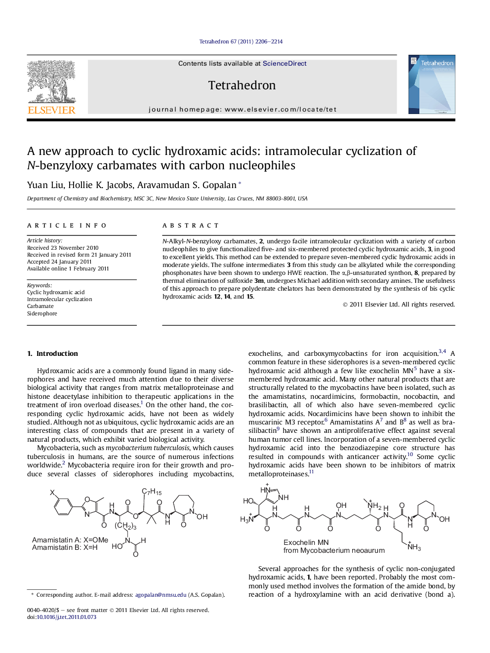 عکس صفحه اول مقاله: A new approach to cyclic hydroxamic acids: intramolecular cyclization of N-benzyloxy carbamates with carbon nucleophiles A new approach to cyclic hydroxamic acids: intramolecular cyclization of N-benzyloxy carbamates with carbon nucleophiles