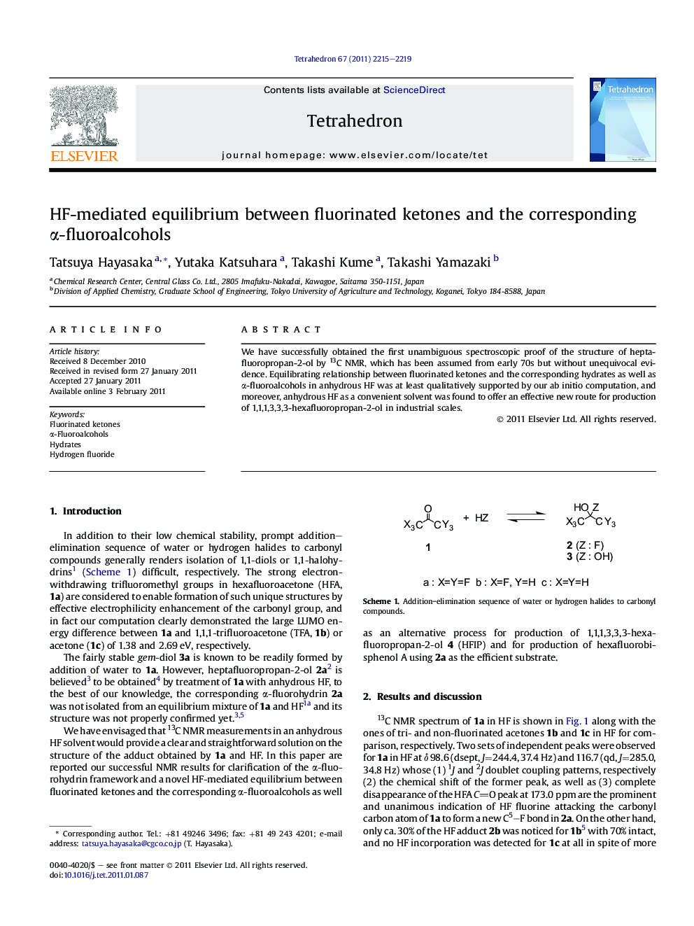 عکس صفحه اول مقاله: HF-mediated equilibrium between fluorinated ketones and the corresponding α-fluoroalcohols HF-mediated equilibrium between fluorinated ketones and the corresponding α-fluoroalcohols