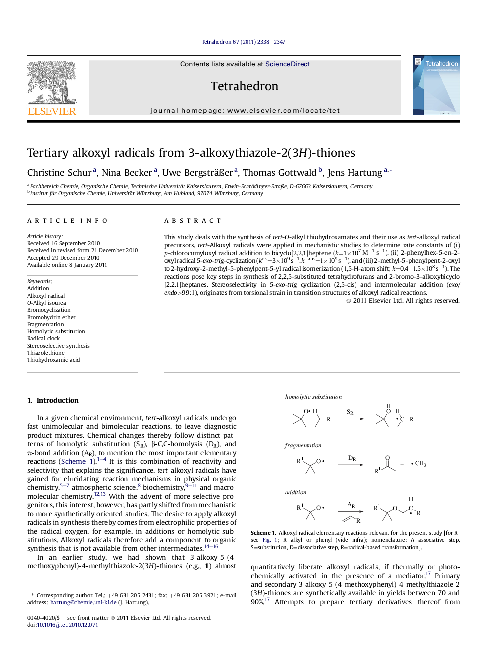 Tertiary alkoxyl radicals from 3-alkoxythiazole-2(3H)-thiones