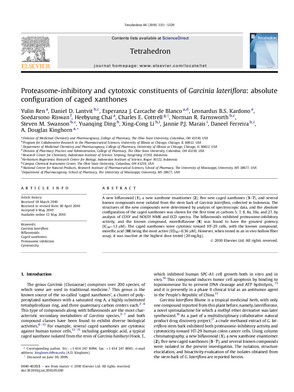 Proteasome-inhibitory and cytotoxic constituents of Garcinia lateriflora: absolute configuration of caged xanthones