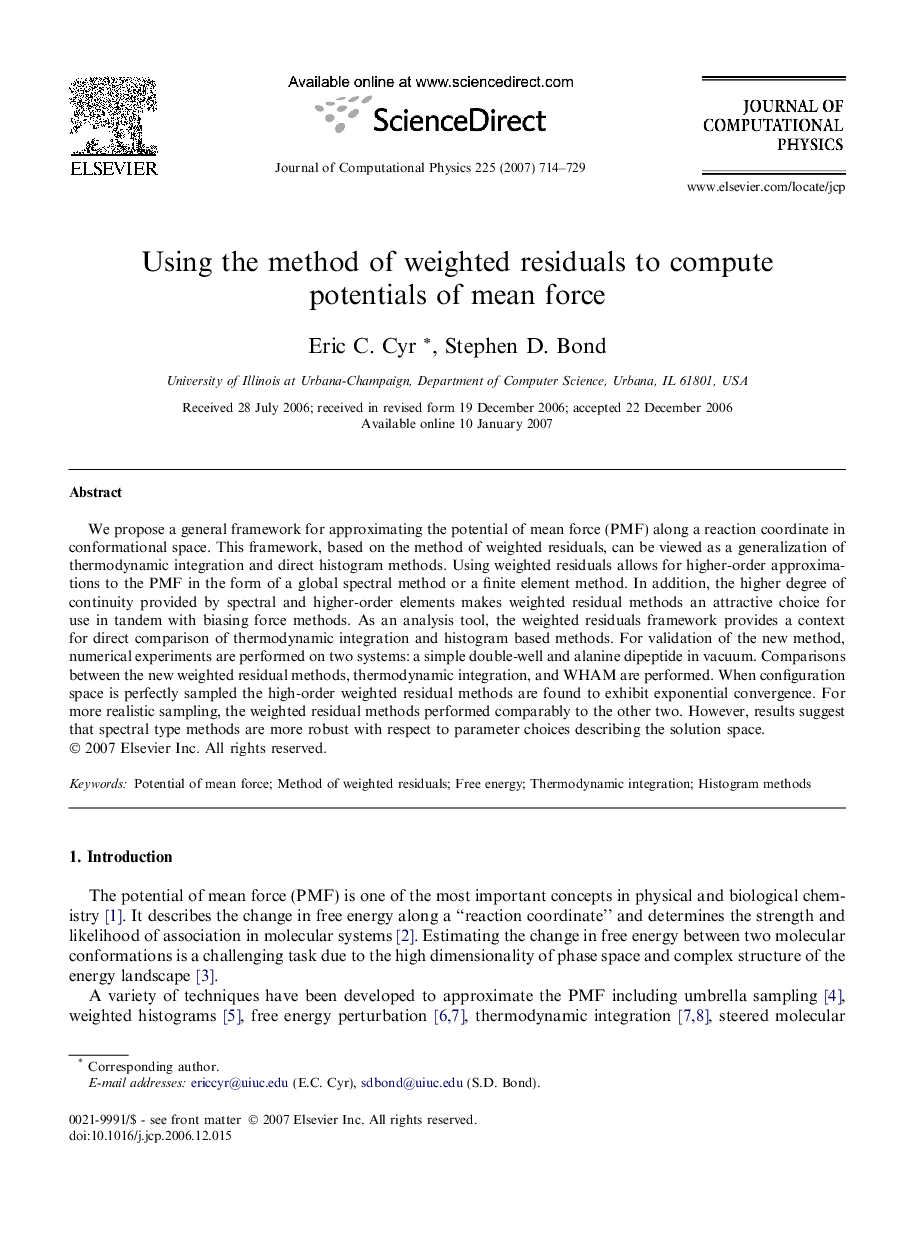 Using the method of weighted residuals to compute potentials of mean force