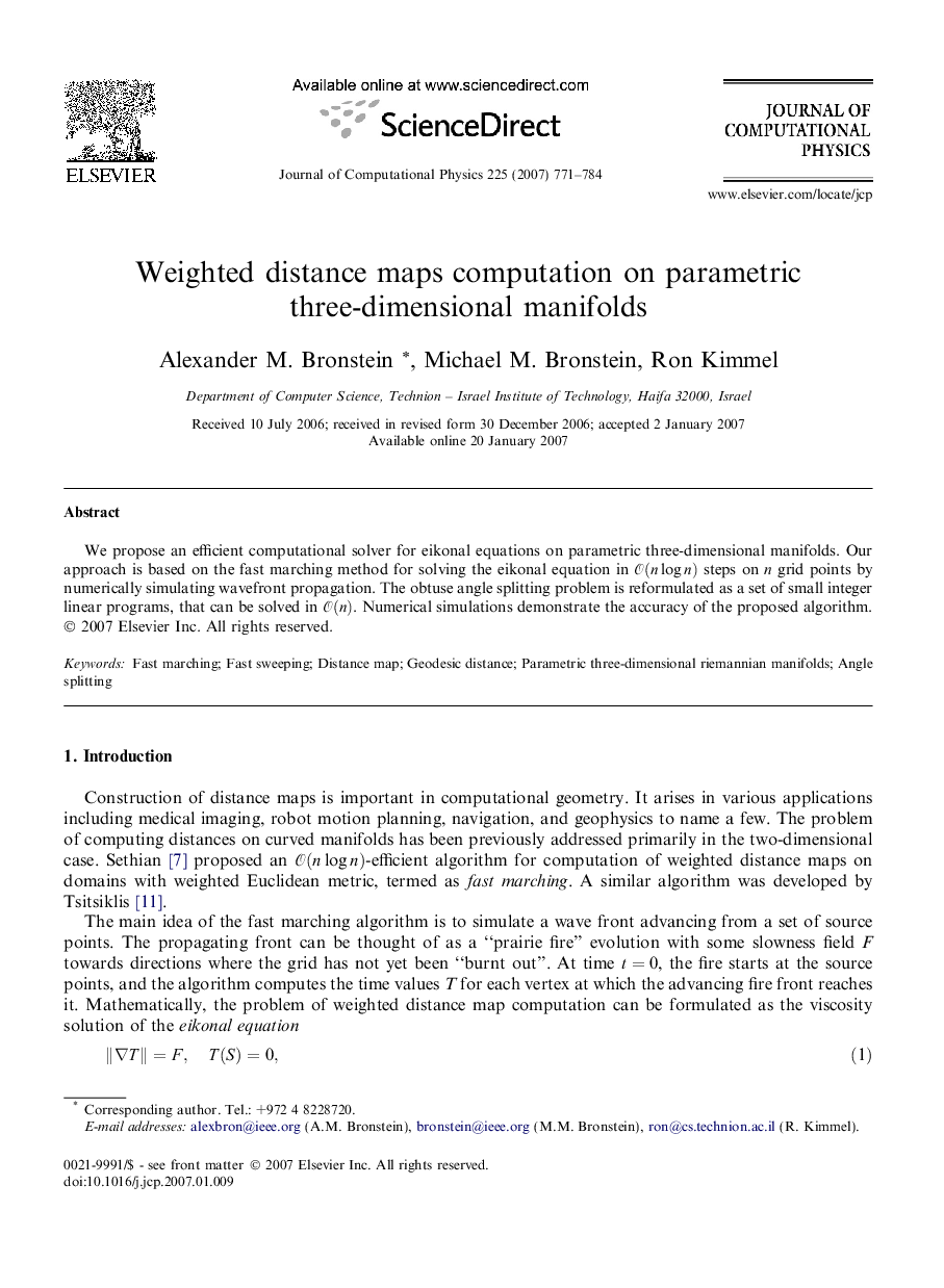 Weighted distance maps computation on parametric three-dimensional manifolds