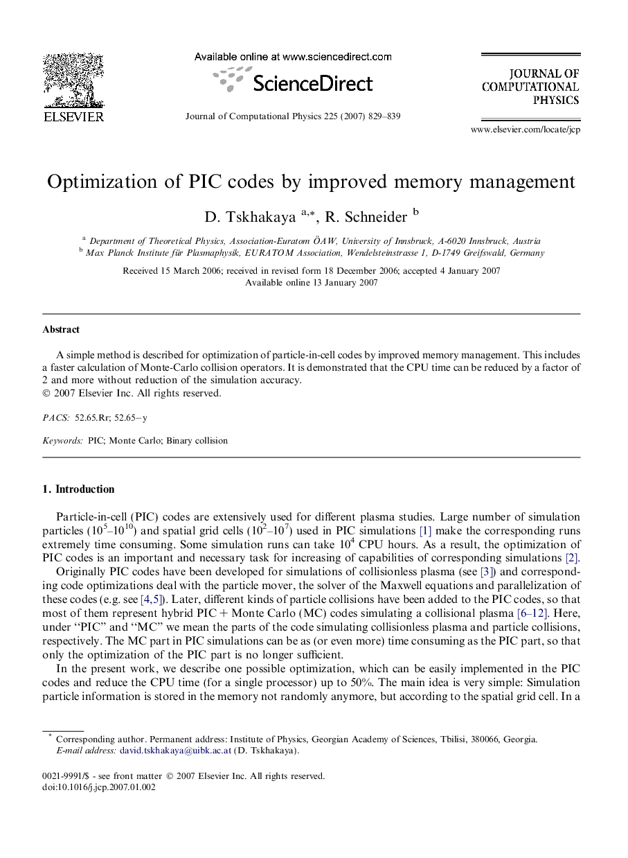 Optimization of PIC codes by improved memory management