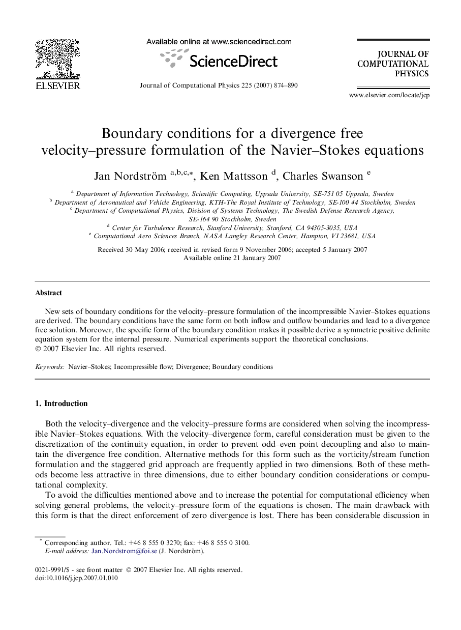 Boundary conditions for a divergence free velocity–pressure formulation of the Navier–Stokes equations