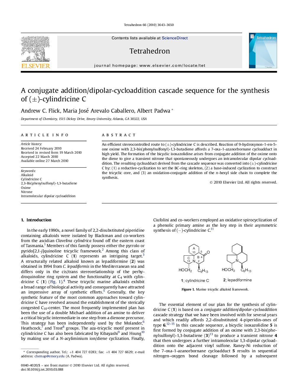 A conjugate addition/dipolar-cycloaddition cascade sequence for the synthesis of (Â±)-cylindricine C