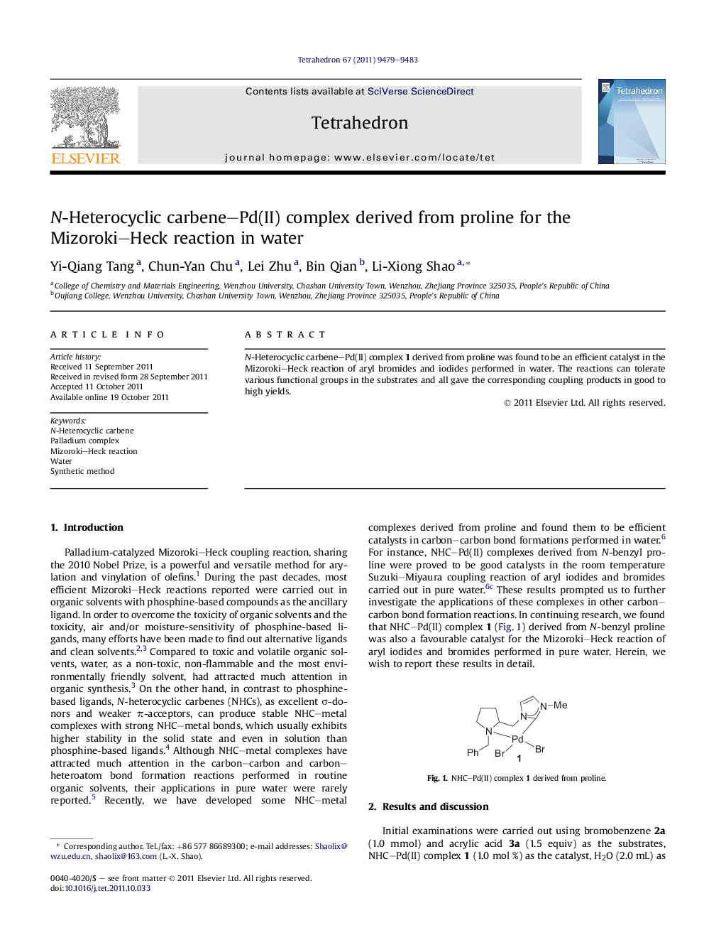 N-Heterocyclic carbene–Pd(II) complex derived from proline for the Mizoroki–Heck reaction in water